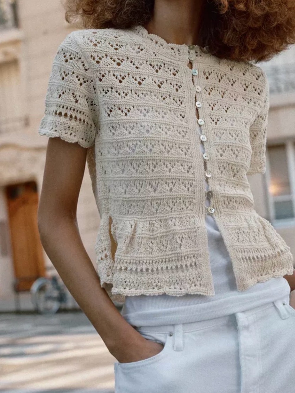 Zara NWT Cream Crochet Button-Up Short Sleeve Cardigan